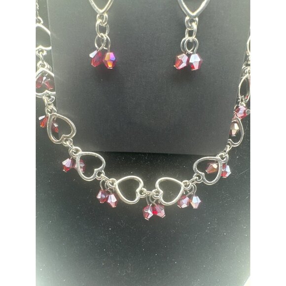 Heart Charm Necklace and Earrings Set Silver Tone with Red Beads f - Picture 2 of 5